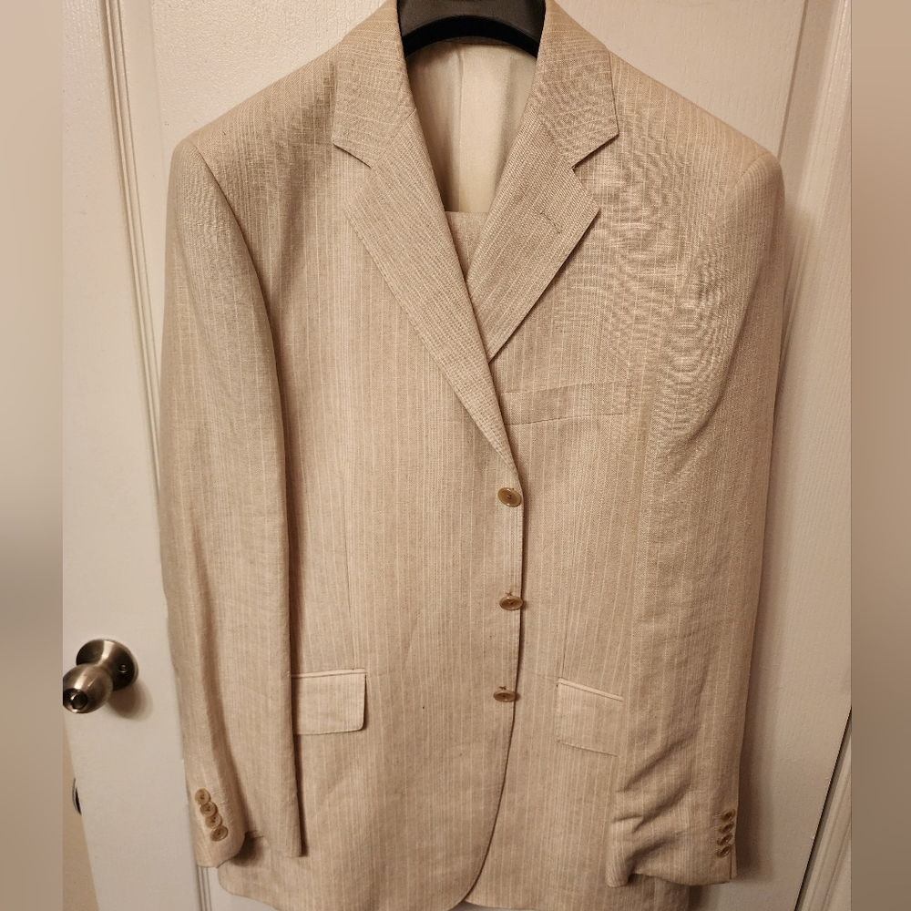 Arnold Brant men's 3 button natural (beige) & cream stripe linen suit.
